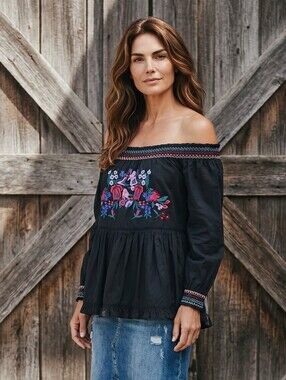 Free People Black Off-Shoulder Floral Embroidered Peasant Blouse
